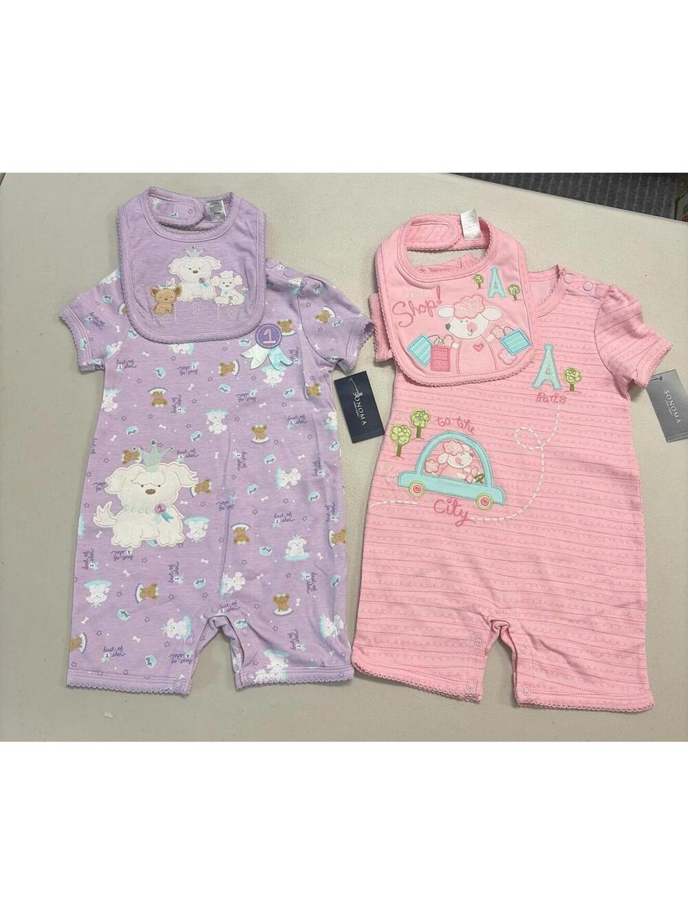 NWT Sonoma Rompers Purple Dog Queen & Pink Dog Poodle 6-9M